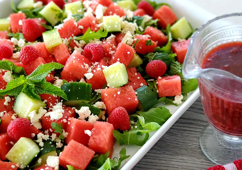 SALADE DE MELON ET CONCOMBRE AVEC VINAIGRETTE BALSAMIQUE AUX FRAMBOISES